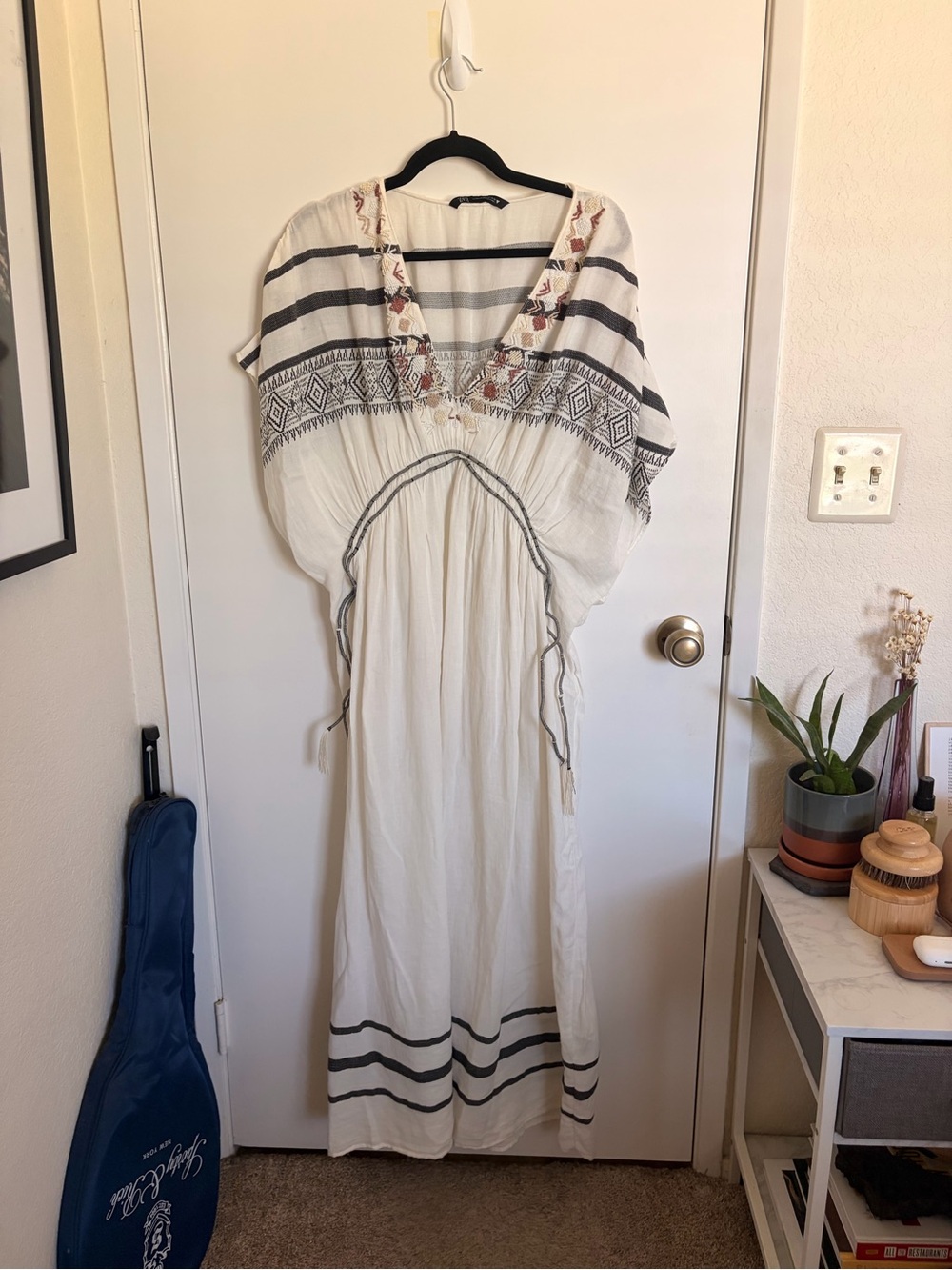 Zara Kaftan Boho Embroidered V-Neck Maxi Dress in Cream with Black Trim